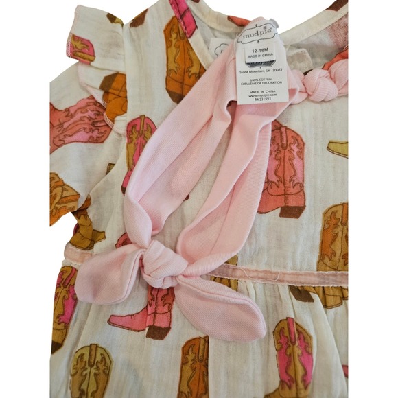 Mud Pie Cowboy Boot Romper Kids 12-18M Pink Cream NEW Muslin One-Piece Headband - Picture 4 of 6
